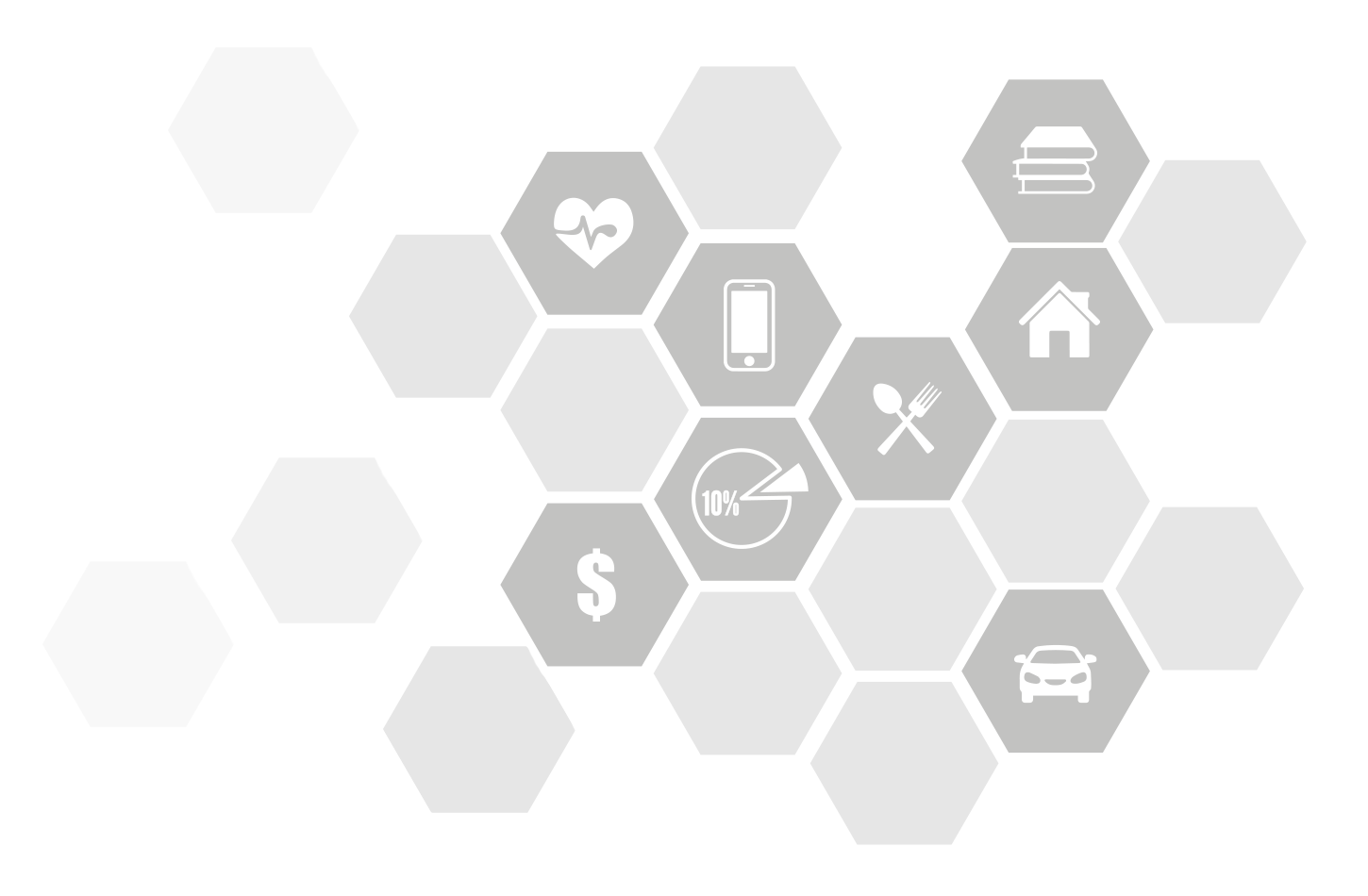 Hexagon grid with icons representing the essential household budget elements