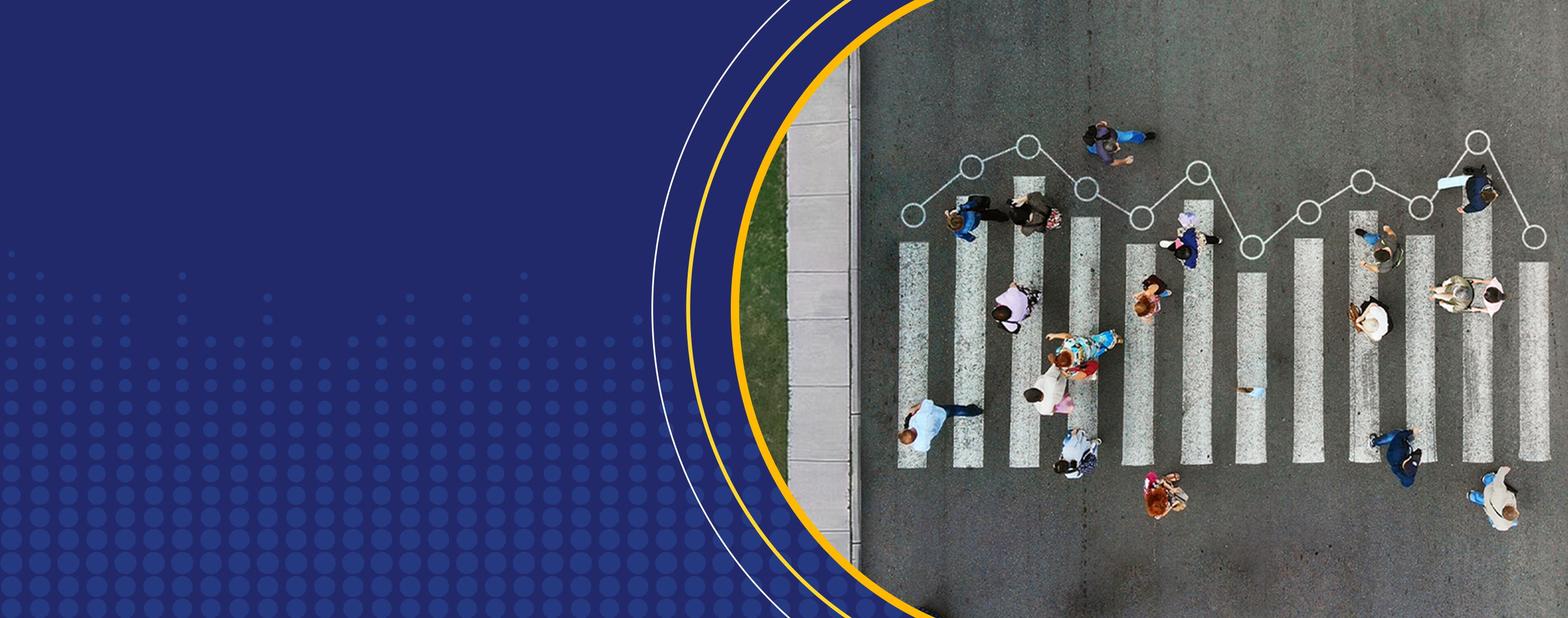 •	An overhead view of a small crowd crossing a street at a crosswalk, representing ALICE. Data markers connecting the crosswalk lines symbolize the latest State of ALICE research.